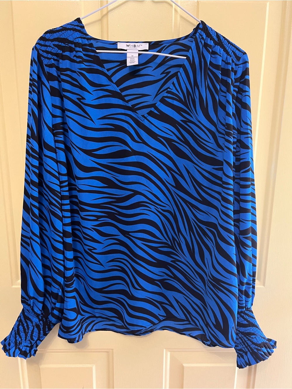 White House Black Market Blue & Black Tiger Striped Long Sleeve Blouse Sz M